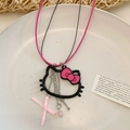 Detail of cartoon bow glass necklace with pink ribbon and bead charms on ceramic plate - Pink Cartoon Cat Outline Style (2# Necklace-Pink)