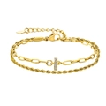 Bracelet double couche doré avec pendentif rectangulaire en zircone et chaîne à maillons torsadés - Lettre I