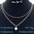 Silver double layer stainless steel heart necklace with bead and paperclip chains - Silver (KN287539-Z)
