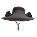 Chapeau solaire à double ventilateur gris foncé avec large bord et maille pour pêche - Rouge & Gris