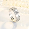 Elegant adjustable silver crown ring with square central diamond and geometric side accents - Adjustable Men's Ring / Silver