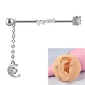 Zilveren barbell oorpiercing met maan- en sterhangers en iriserende kralen - NO 3 Regenboog Kralen Maan