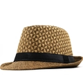 Cappello fedora in paglia con nastro nero e trama intrecciata bicolore per l'estate - M(56-58cm) / Cachi