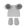 Ensemble d'hiver tricoté gris pour bébé avec bonnet à deux pompons et moufles - Taille S (3-18 Mois) / Gris clair