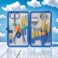 Colorful stainless steel manicure set with blue-yellow gradient tools in a blue case - Colorful Yellow-Blue 16-Piece Set (With Pedicure Plane)