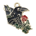 Dark goth black raven and red rose enamel pendant charm with gold lunar and star details - Celestial Crow Rose