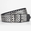 Black punk PU leather belt with three rows of silver square rivets and triple-pin buckle - 110*3.8cm / Black+Silver Buckle