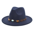 Detail of dark blue fedora hat featuring a brown leather band with wood beads and turquoise - M (56-58cm) / Navy Blue