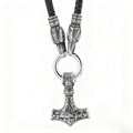 Vintage Viking Thor's Hammer Mjölnir necklace with wolf heads and black leather cord - Stainless Steel + Leather / Leather Cord Set