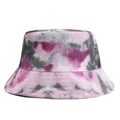 Detail van de tie-dye vissershoed met roze-grijs patroon en versterkte stiksels op de rand - Paars Grijs