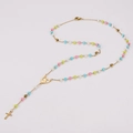 Detail of colorful pearl rosary necklace with cross pendant and heart clasp - 50cm / Multicolor