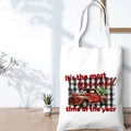 White Christmas canvas tote bag featuring a vintage red truck and buffalo plaid print - SD-A-15/Plaid Background Truck