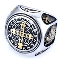 Vintage stainless steel Saint Benedict medal ring with gold cross and engraved details - Two-tone Gold Silver (17508)