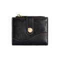 Short black faux leather bifold wallet for women featuring leaf pattern embossing - Black