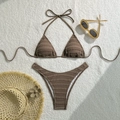 Coffee brown textured bikini set with drawstring ties laid on a white plush background - S / Top And Bottom / Coffee