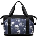 Vista dettagliata della borsa sportiva con esclusiva stampa gotica di teschi e fiori - Blu