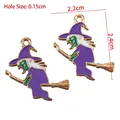 Halloween witch riding broom alloy pendant charm in purple and green enamel 2.2x2.4cm - Purple Witch