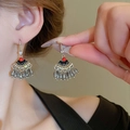 Detail of vintage silver earrings with red gemstone and grey faceted drop beads - 22# Ear Hook - Silver - Grey - Tassel