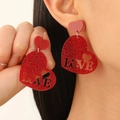 Sparkly red glitter acrylic heart earrings with LOVE cutout design for women - Glitter Love Red Heart (DZ-466)