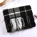 Winter plaid scarf with soft cashmere-like texture and fringes for men and women - Black White Grid