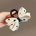 Polka dot bow claw clip in cream and black fabric for elegant hair styling - Retro Polka Dot Bow Claw / Beige