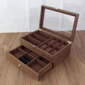 Boîte à montres vintage en bois de noyer à double couche avec tiroir et couvercle en verre - 6+3 Boîte À Bijoux De Montre En Noyer À Double Couche/Intérieur Café