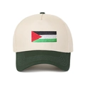 Close-up of Palestine flag embroidery on a beige and dark green baseball cap - Beige Patchwork Army Green
