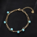 Double-layered gold chain bracelet featuring square turquoise beads and lobster clasp - Blue Square Beads Double Layer Chain B02015G-1