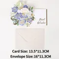 3D-Aquarell-Grußkarte mit blauen Blumen, Best Wishes Schriftzug und Umschlag - Blaue 3D-Bouquet-Karte
