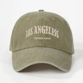 Detailed close-up of Los Angeles vintage embroidery on washed olive green cotton baseball cap - Dark Khaki