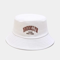 Detailed close-up of embroidered Brooklyn 1898 lettering on white cotton bucket hat - M (56-58cm) / White