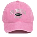 Detail view of Florida and Miami white embroidery on pink washed cotton baseball cap - Pink