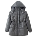Dettaglio del parka grigio con cappuccio con coulisse regolabile in vita e bottoni a pressione - S / Grigio