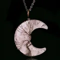 Pink crystal tree of life crescent moon pendant with vintage copper wire wrapping - Rose Quartz Pendant-Bronze Chain