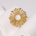 Vintage gold sunflower open ring with white enamel center on a clean white display stand - Pearl White