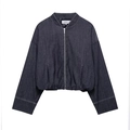 Donkerblauwe cropped bomberjack in denimstijl met rits en elastische zoom op witte achtergrond - XS / Marineblauwe Jas
