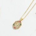 Gold Virgin Mary oval pendant necklace with multicolored gemstones and white zircons - Petal Frame Guadalupe Mary / Gold Petal Multicolor Zirconia