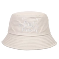 Detailed view of Cat Mom white embroidery and fabric texture on a beige cotton bucket hat - Adjustable / Off White