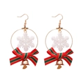 Christmas earrings featuring gold rings, white snowflakes, ribbon bows and tiny bells - Snowflake Hoop Earrings