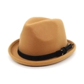 Detail shot of camel wool fedora hat featuring a black band and metallic buckle - M (56-59cm) / Khaki