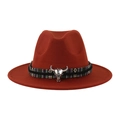 Cappello in lana a tesa larga rosso ruggine con nastro etnico e decoro testa di toro - Adulto 58cm Taglia Unica / Rosso Mattone