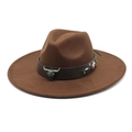 Brown wide-brim cowboy hat with bull head ornament and floral embroidery detail - M (56-58cm) / Brown