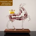 Purple crystal horse figurine with gold ingot on wood base, Nordic luxury home decor - Horse Wealth Ornament (With Base) / Purple