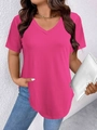 T-shirt da donna rosa con scollo a V in maglia abbinata a jeans e borsa bianca moda - Taglia S / Top / Rosso rosa