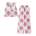 Women's two-piece casual set featuring pink floral print top and wide-leg trousers - S / Red