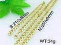 Golden stainless steel curb link chain necklace and bracelet set with high polished finish - Gold Cuban Link Necklace Bracelet Set 6mm (KS38471-KC)