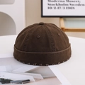 Deep brown cotton docker cap with retro brimless design and vintage frayed edge detail - M (56-58cm) / Brown