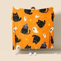 Detail of soft orange flannel blanket with Halloween patterns of black cats and ghosts - Style 68 (Halloween Orange Black Cat Ghost)