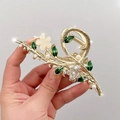 Golden wheat-shaped hair claw clip with green enamel leaves and white pearls decoration - Branch Flower