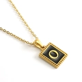 Gold stainless steel square pendant necklace featuring a black enamel letter O charm - Letter O (Includes Chain)